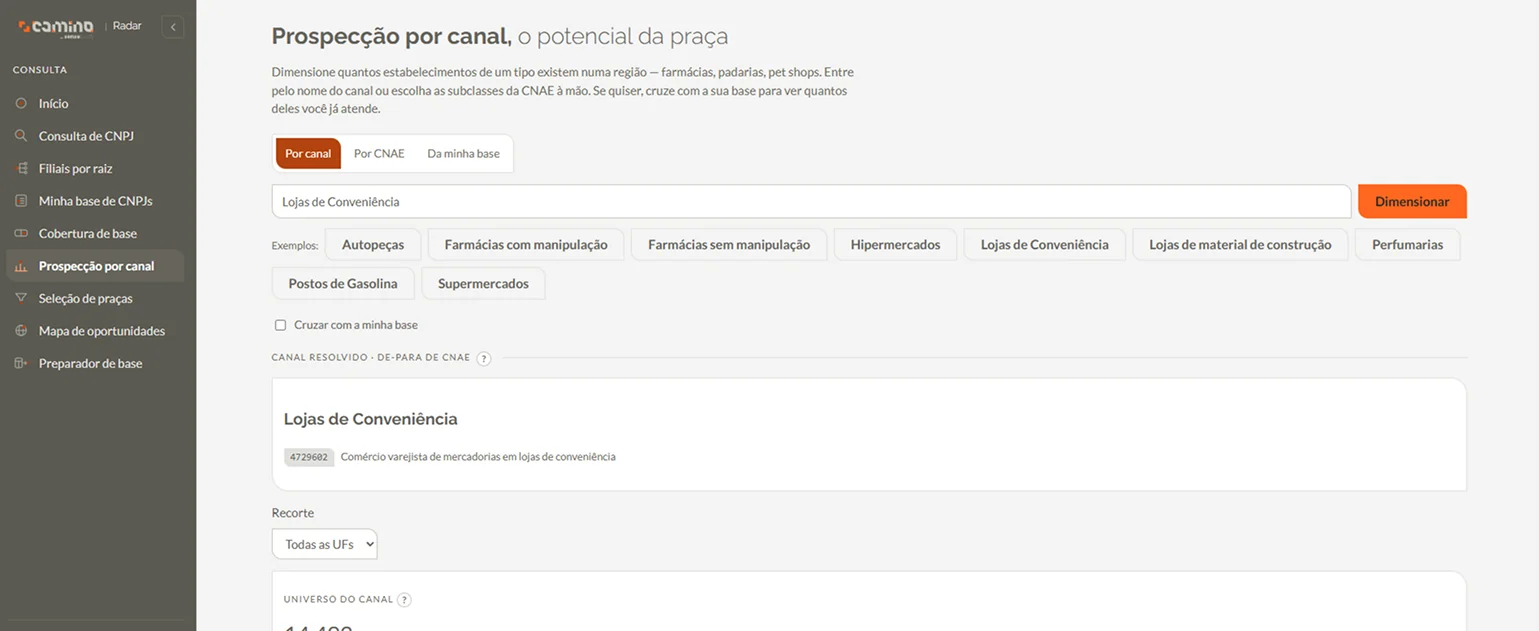 Prospecção por canal no CAMINO, dimensionando quantos estabelecimentos de um canal existem numa praça.