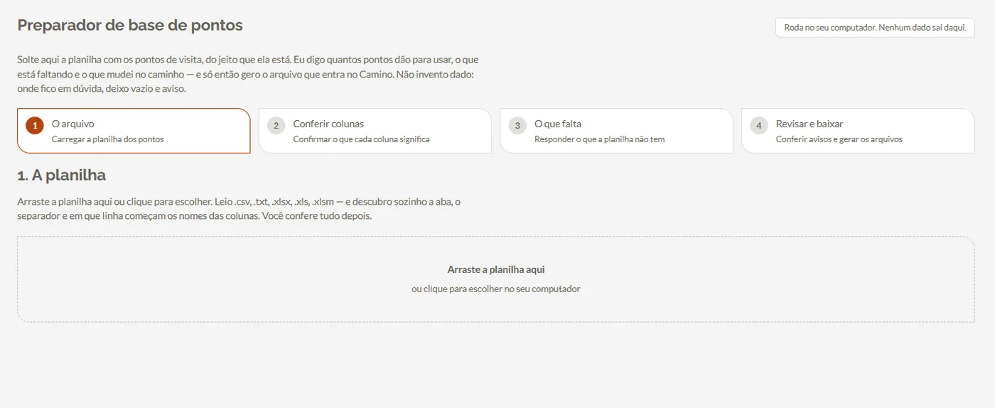 Preparador de base do CAMINO: a planilha da empresa organizada no formato de importação da plataforma.
